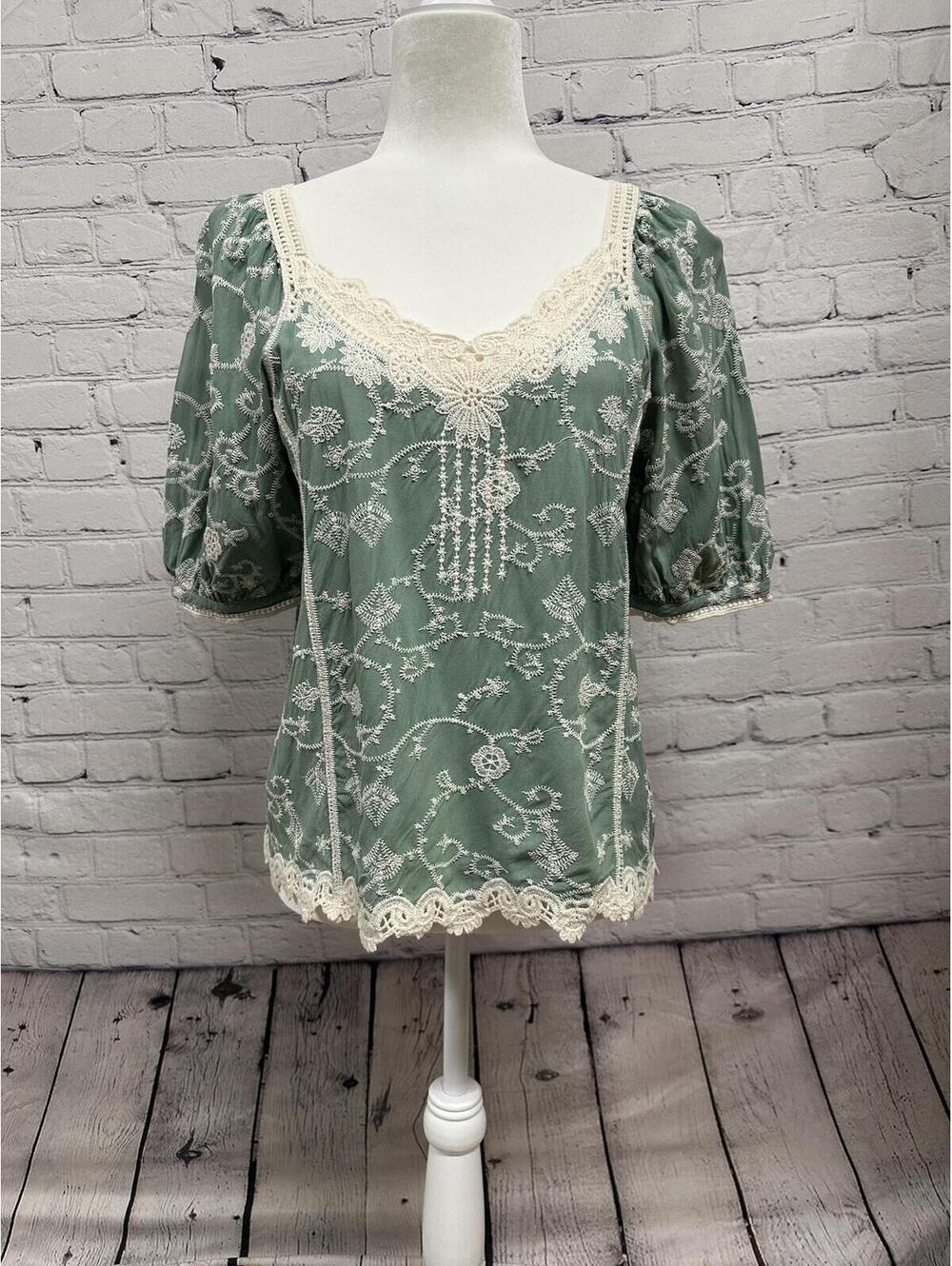 Democracy Boho Mint Embroidered Blouse w/ White Crochet Trim & Blouson Sleeves S
